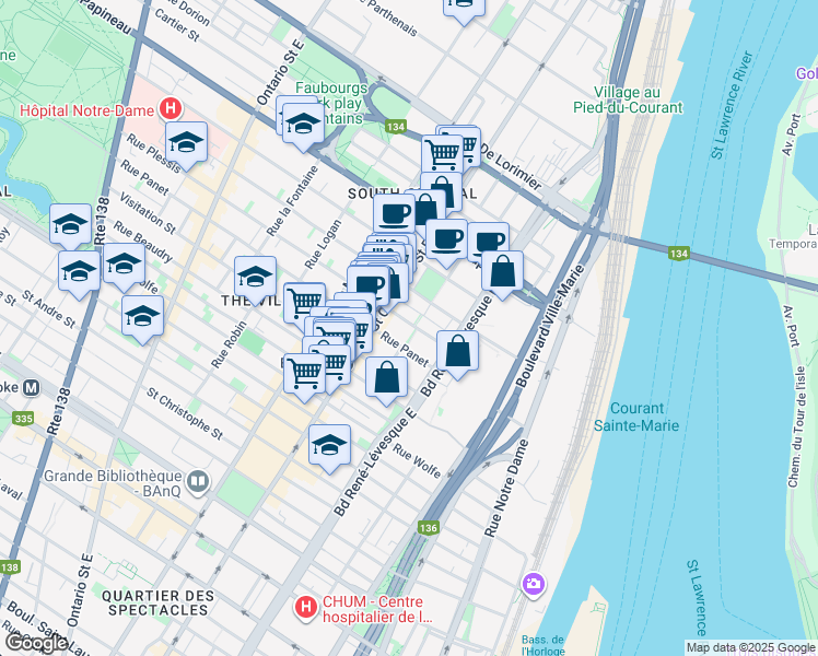 map of restaurants, bars, coffee shops, grocery stores, and more near 1260 Rue Plessis in Montréal
