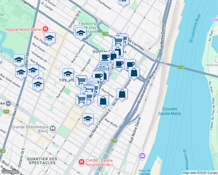map of restaurants, bars, coffee shops, grocery stores, and more near 1260 Rue Plessis in Montréal