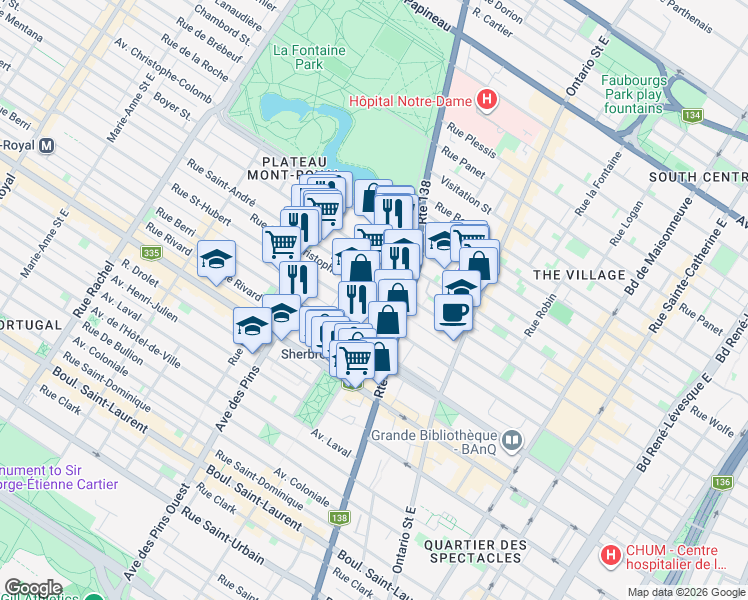 map of restaurants, bars, coffee shops, grocery stores, and more near 3461 Rue Saint-Hubert in Montréal