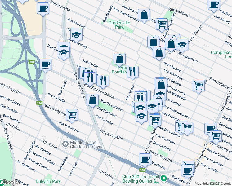 map of restaurants, bars, coffee shops, grocery stores, and more near 1018 Rue Préfontaine in Longueuil