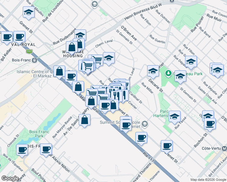 map of restaurants, bars, coffee shops, grocery stores, and more near 1867 Rue Connaught in Montréal
