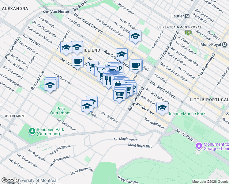 map of restaurants, bars, coffee shops, grocery stores, and more near 5158 Avenue du Parc in Montréal