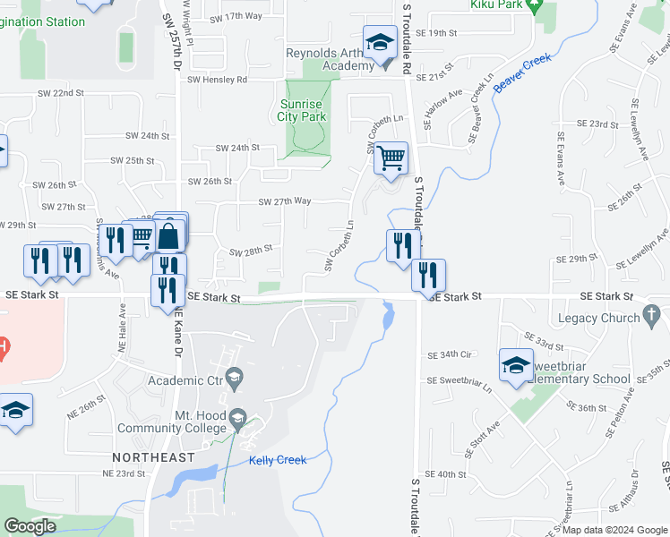 map of restaurants, bars, coffee shops, grocery stores, and more near 3034 Southwest Corbeth Lane in Troutdale