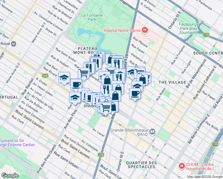 map of restaurants, bars, coffee shops, grocery stores, and more near 3461 Rue Saint-Hubert in Montréal