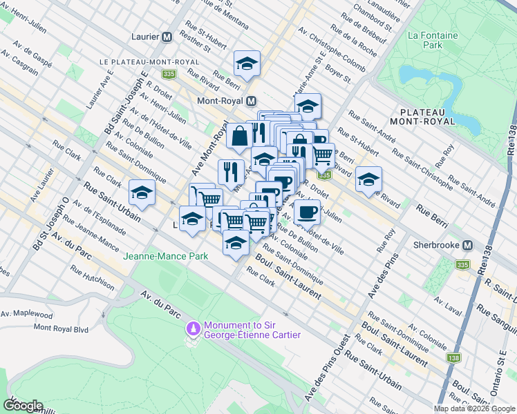 map of restaurants, bars, coffee shops, grocery stores, and more near 4251 Rue de Bullion in Montréal