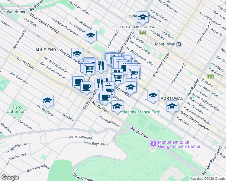 map of restaurants, bars, coffee shops, grocery stores, and more near 133 Rue Villeneuve Ouest in Montréal