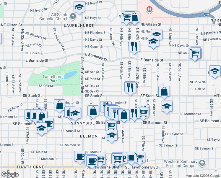 map of restaurants, bars, coffee shops, grocery stores, and more near 4214 Southeast Oak Street in Portland