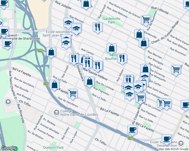 map of restaurants, bars, coffee shops, grocery stores, and more near 1145 Rue Joséphine in Longueuil
