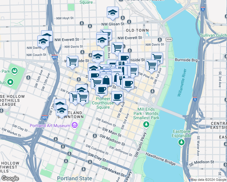 map of restaurants, bars, coffee shops, grocery stores, and more near 520 Southwest 6th Avenue in Portland