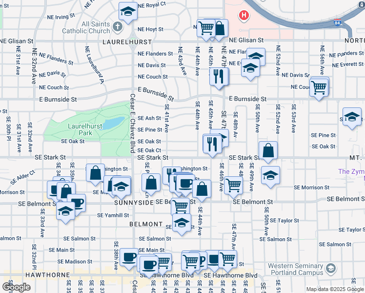 map of restaurants, bars, coffee shops, grocery stores, and more near 4224 Southeast Oak Street in Hillsboro