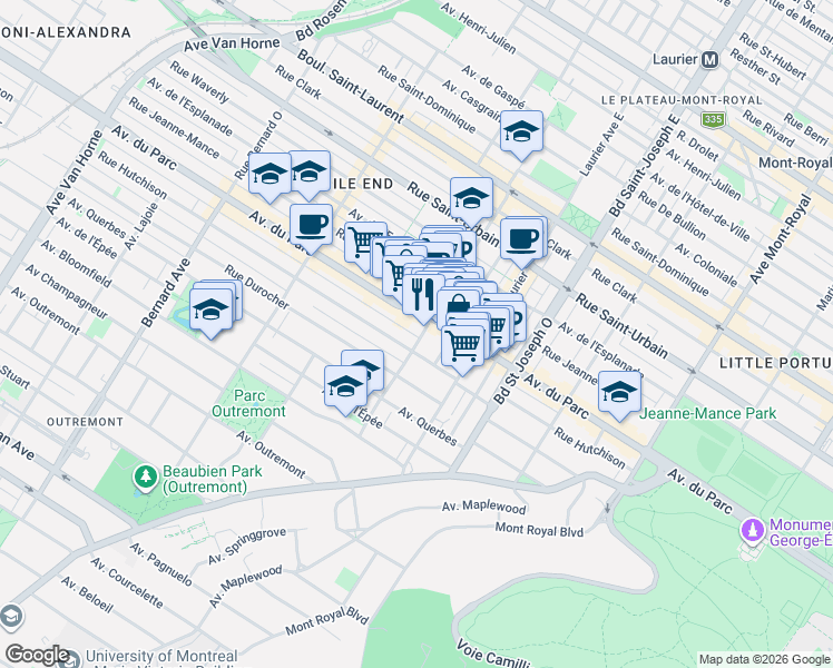 map of restaurants, bars, coffee shops, grocery stores, and more near 385 Avenue Fairmount Ouest in Montréal