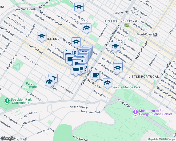 map of restaurants, bars, coffee shops, grocery stores, and more near 243 Boulevard Saint Joseph Ouest in Montréal