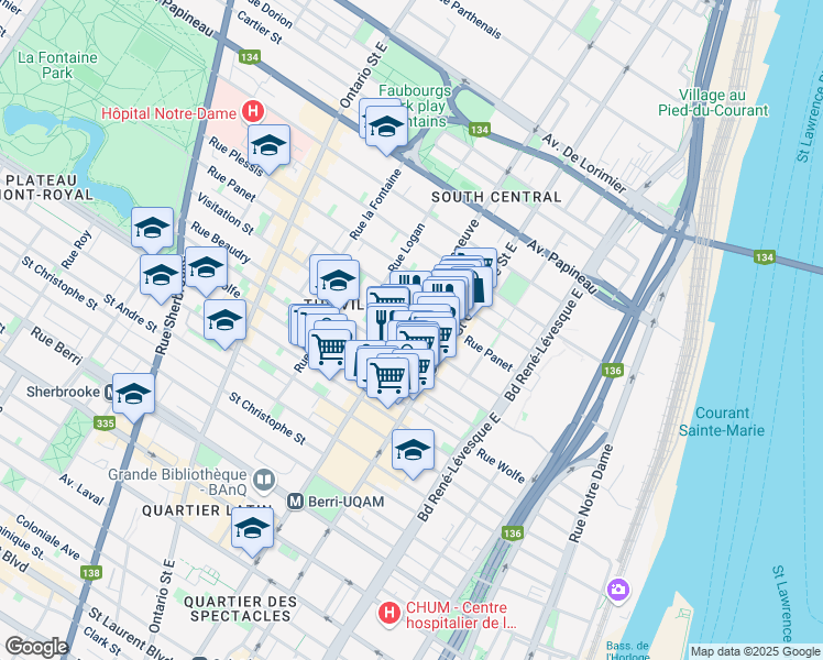 map of restaurants, bars, coffee shops, grocery stores, and more near 1300 Boulevard de Maisonneuve Est in Montréal