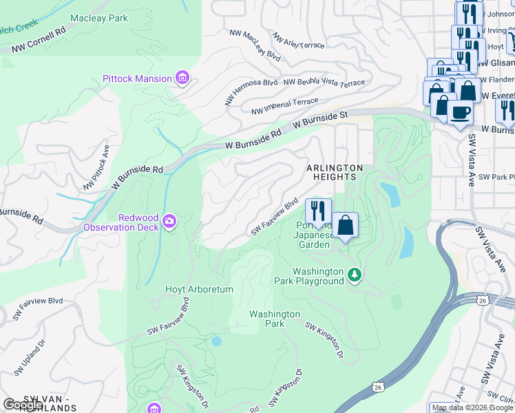 map of restaurants, bars, coffee shops, grocery stores, and more near 2862 Southwest Fairview Boulevard in Portland