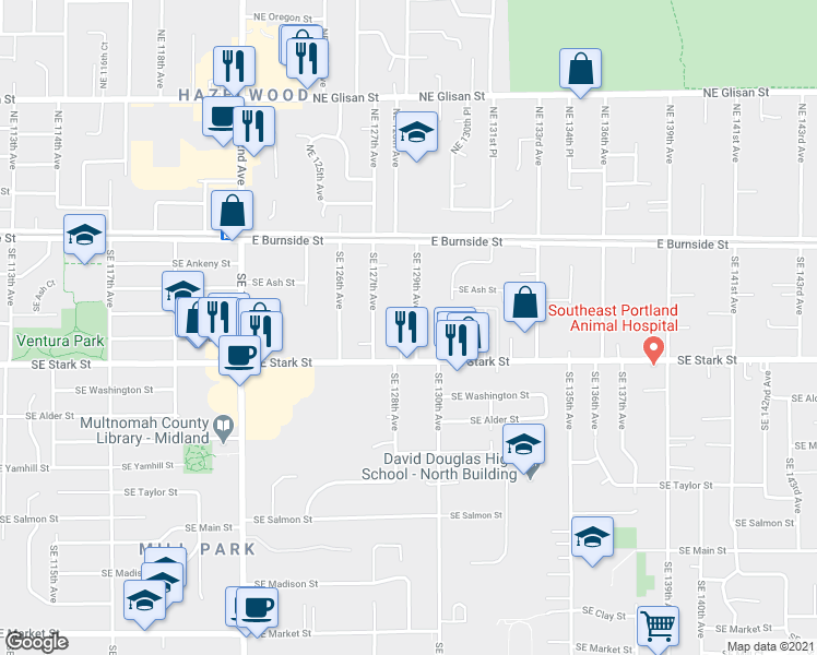 map of restaurants, bars, coffee shops, grocery stores, and more near 300 Southeast 129th Avenue in Portland