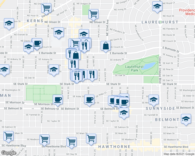 map of restaurants, bars, coffee shops, grocery stores, and more near 20 Southeast Pine Street in Portland