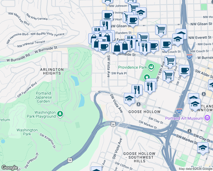 map of restaurants, bars, coffee shops, grocery stores, and more near 1107 Southwest Vista Avenue in Portland