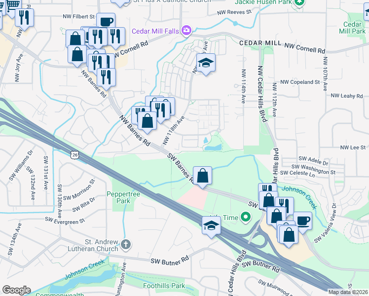 map of restaurants, bars, coffee shops, grocery stores, and more near 217 Northwest 117th Loop in Portland