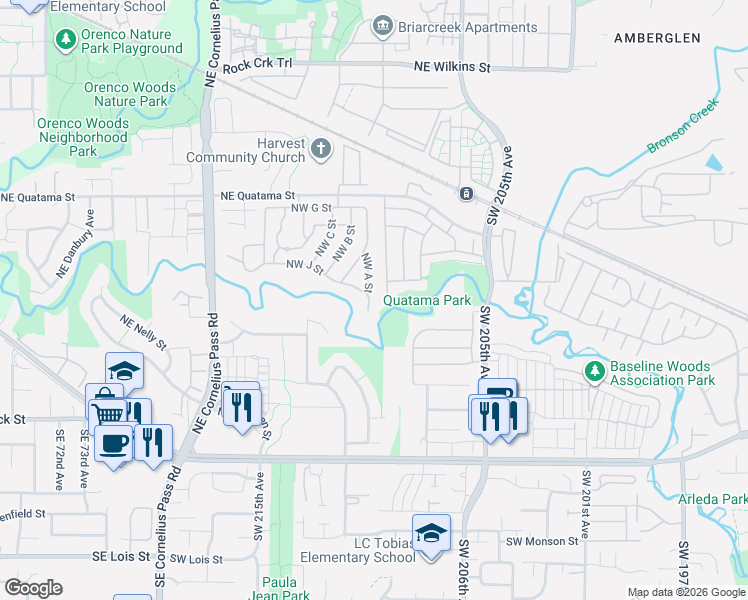 map of restaurants, bars, coffee shops, grocery stores, and more near 21000 Northwest Quatama Road in Hillsboro