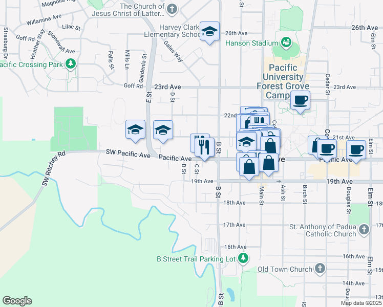 map of restaurants, bars, coffee shops, grocery stores, and more near 1634 21st Avenue in Forest Grove