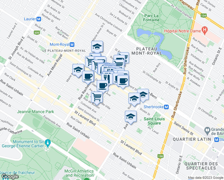 map of restaurants, bars, coffee shops, grocery stores, and more near 3997 Rue Drolet in Montreal