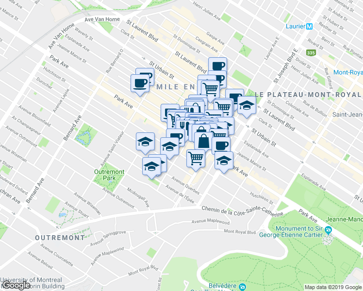 map of restaurants, bars, coffee shops, grocery stores, and more near 385 Avenue Fairmount Ouest in Montréal