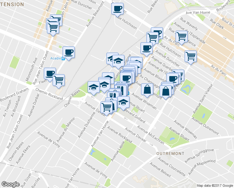 map of restaurants, bars, coffee shops, grocery stores, and more near 831 Avenue Stuart in Montreal
