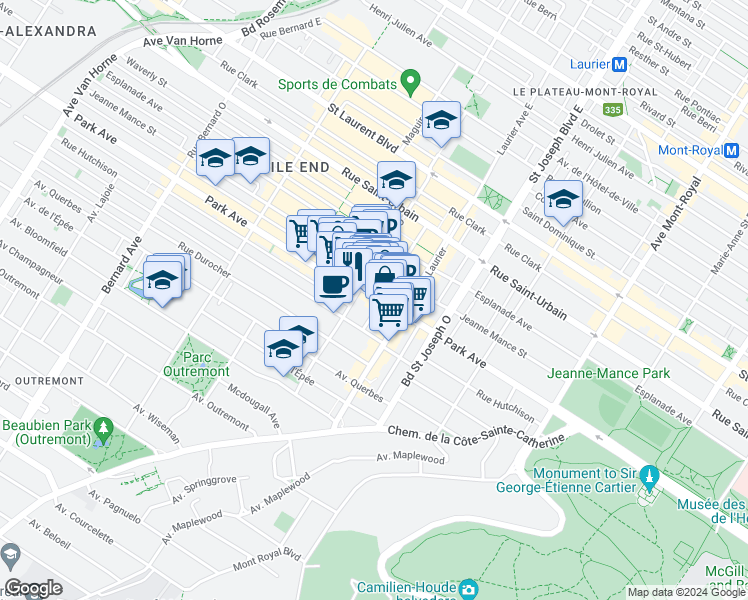 map of restaurants, bars, coffee shops, grocery stores, and more near 5158 Avenue du Parc in Montréal