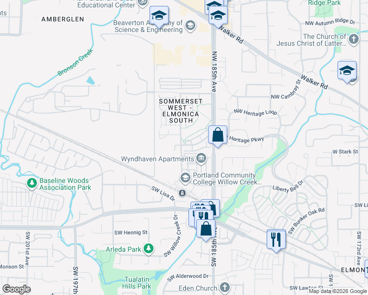 map of restaurants, bars, coffee shops, grocery stores, and more near 18599 Northwest Heritage Parkway in Beaverton