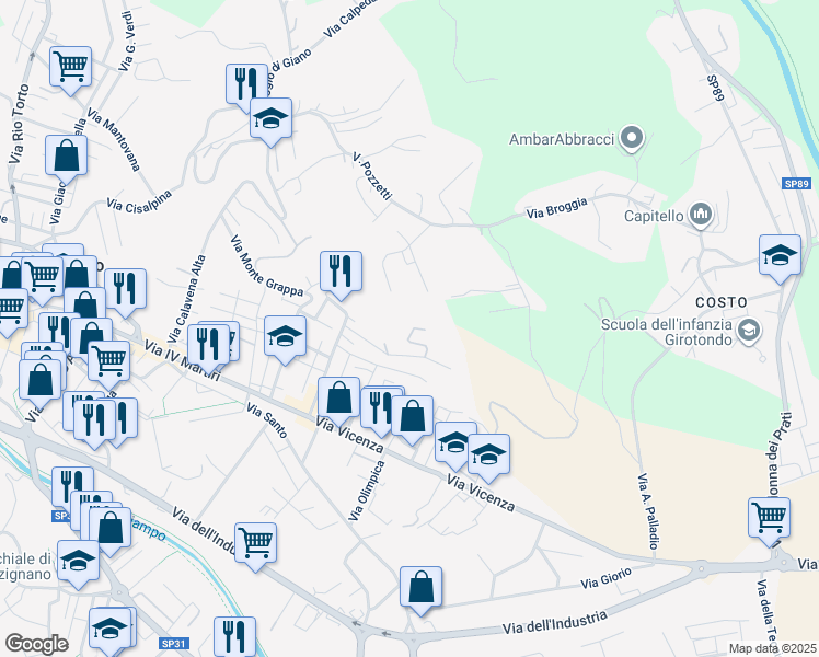 map of restaurants, bars, coffee shops, grocery stores, and more near 17 Via Moretto in Arzignano