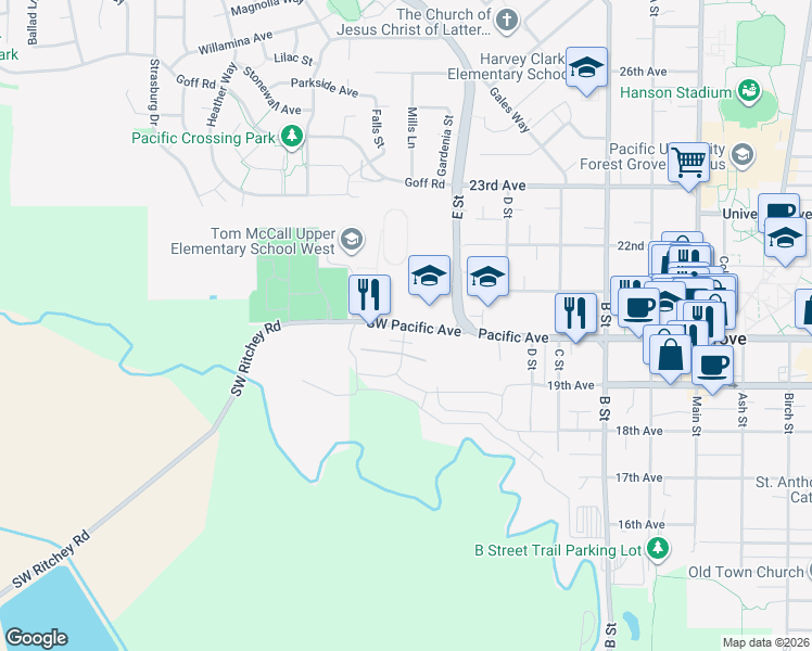 map of restaurants, bars, coffee shops, grocery stores, and more near 1341 Pacific Avenue in Forest Grove