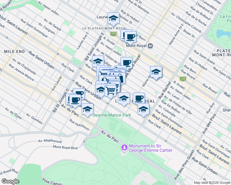 map of restaurants, bars, coffee shops, grocery stores, and more near in Montreal