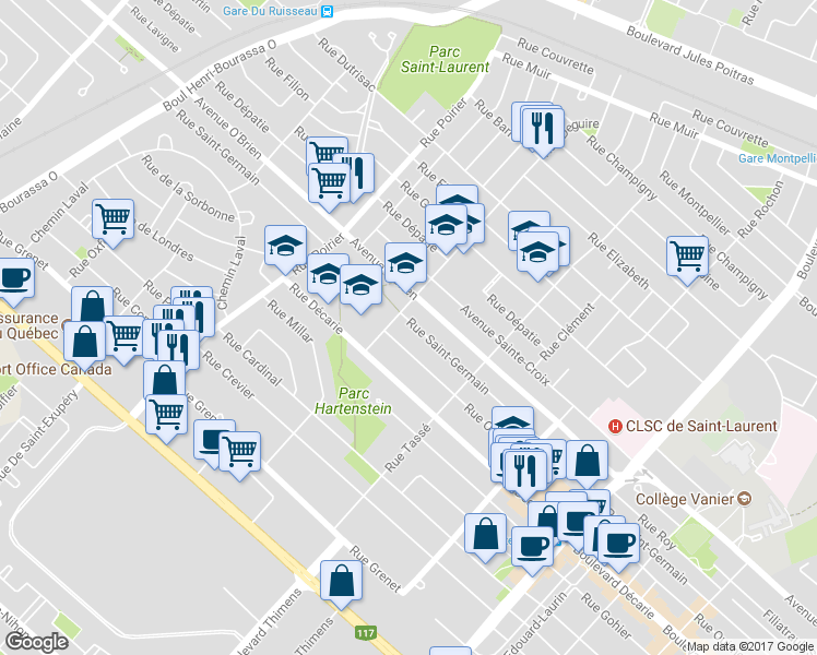 map of restaurants, bars, coffee shops, grocery stores, and more near 1560 Rue Saint-Germain in Montréal