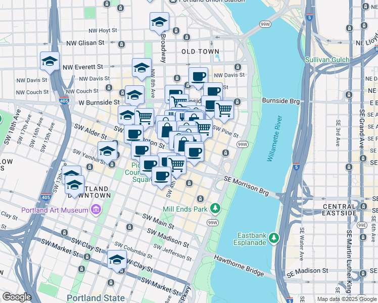 map of restaurants, bars, coffee shops, grocery stores, and more near 424 Southwest 4th Avenue in Portland