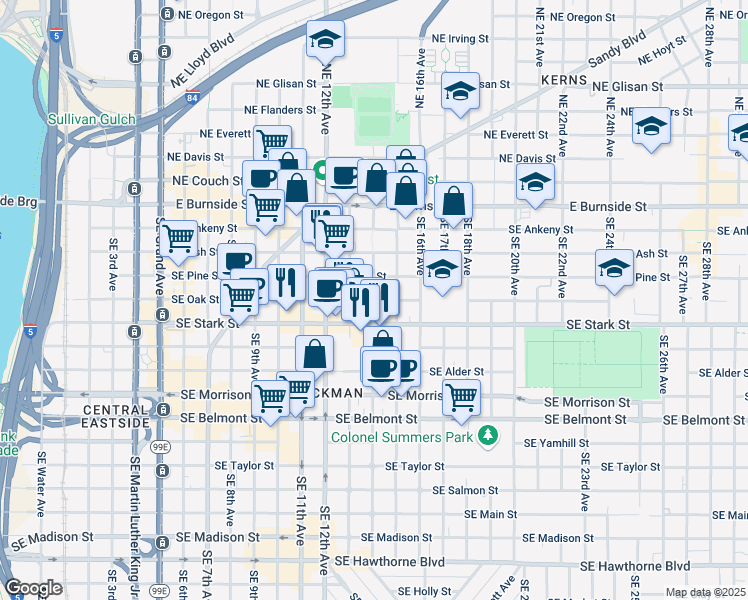 map of restaurants, bars, coffee shops, grocery stores, and more near 401 Southeast 14th Avenue in Portland