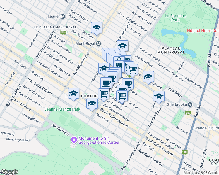map of restaurants, bars, coffee shops, grocery stores, and more near 211 Rue Rachel Est in Montréal