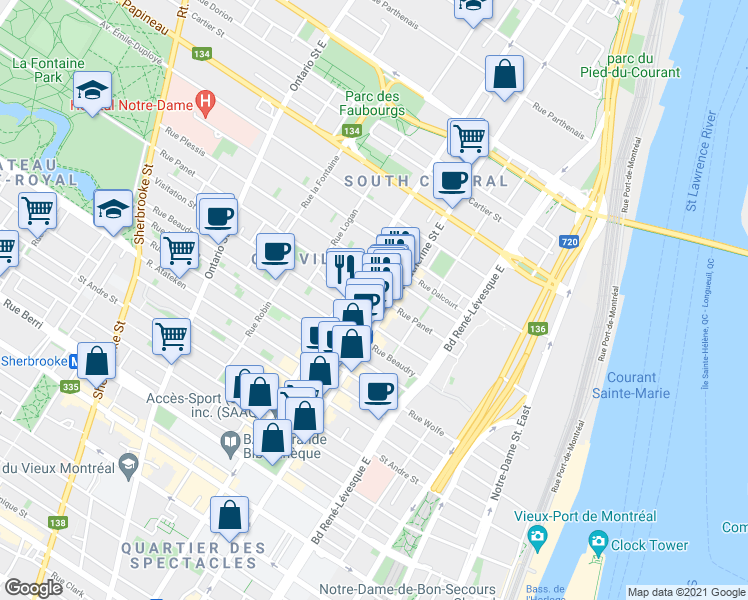 map of restaurants, bars, coffee shops, grocery stores, and more near 1430 Rue Panet in Montréal