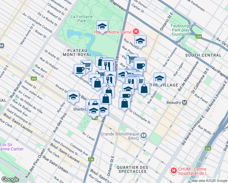 map of restaurants, bars, coffee shops, grocery stores, and more near 900 Rue Sherbrooke Est in Montréal