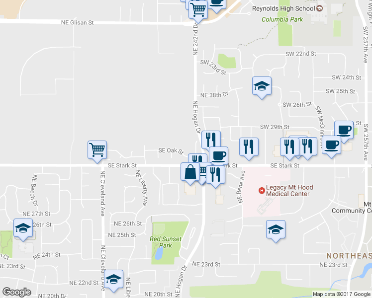 map of restaurants, bars, coffee shops, grocery stores, and more near 24141 Southeast Oak Street in Gresham
