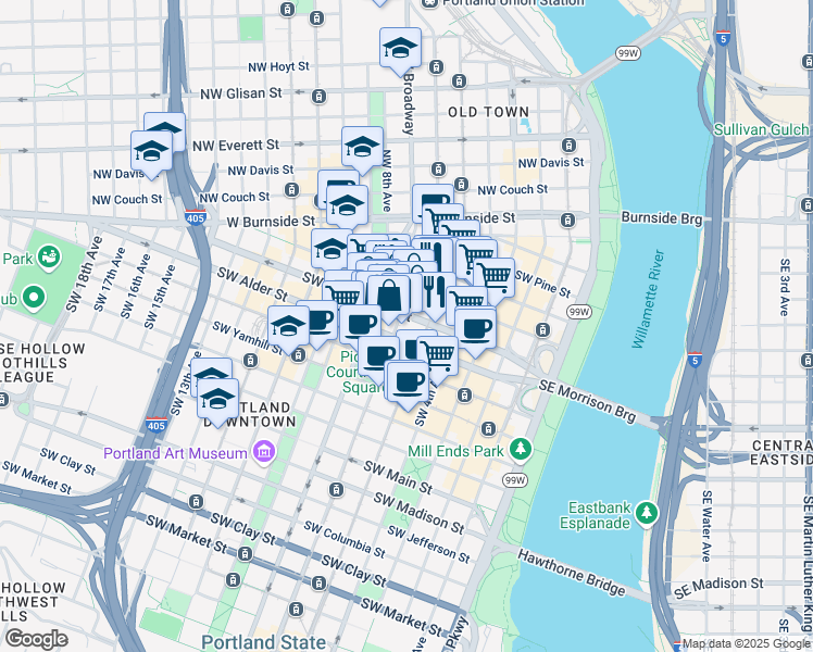 map of restaurants, bars, coffee shops, grocery stores, and more near 514 Southwest 6th Avenue in Portland
