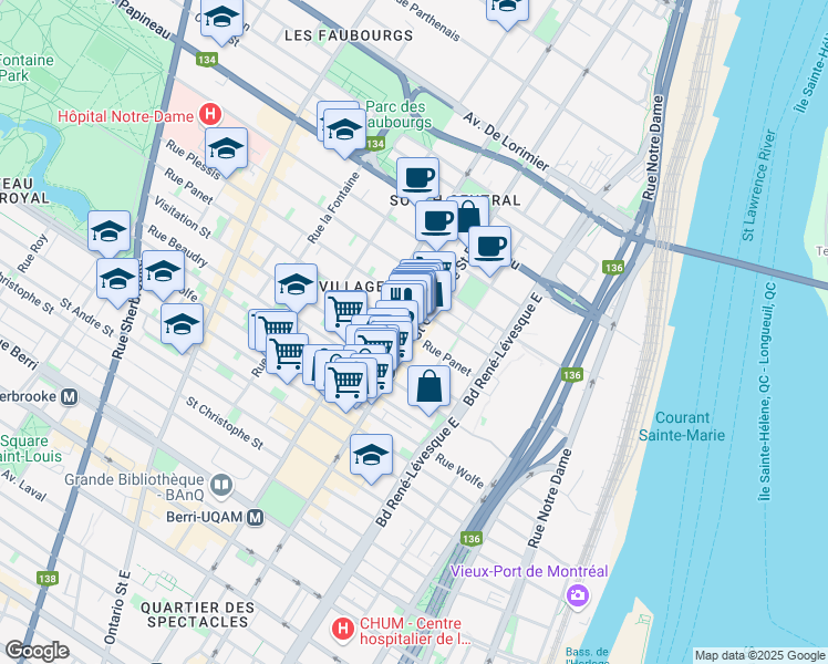 map of restaurants, bars, coffee shops, grocery stores, and more near 1351 Rue Sainte-Catherine Est in Montréal
