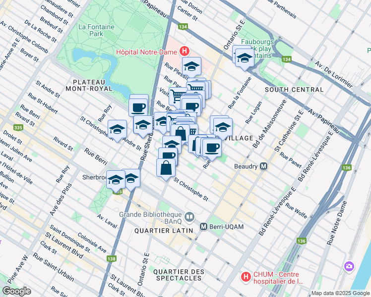 map of restaurants, bars, coffee shops, grocery stores, and more near 1899 Rue Amherst in Montreal