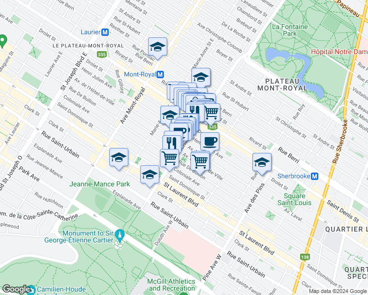 map of restaurants, bars, coffee shops, grocery stores, and more near 220 Rue Rachel Est in Montréal