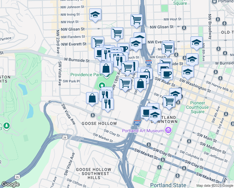 map of restaurants, bars, coffee shops, grocery stores, and more near 1725 Southwest Salmon Street in Portland