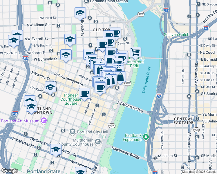map of restaurants, bars, coffee shops, grocery stores, and more near 198 Southwest Oak Street in Portland