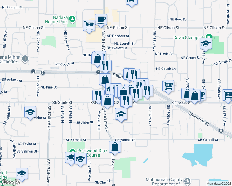map of restaurants, bars, coffee shops, grocery stores, and more near 18244 Southeast Pine Street in Portland