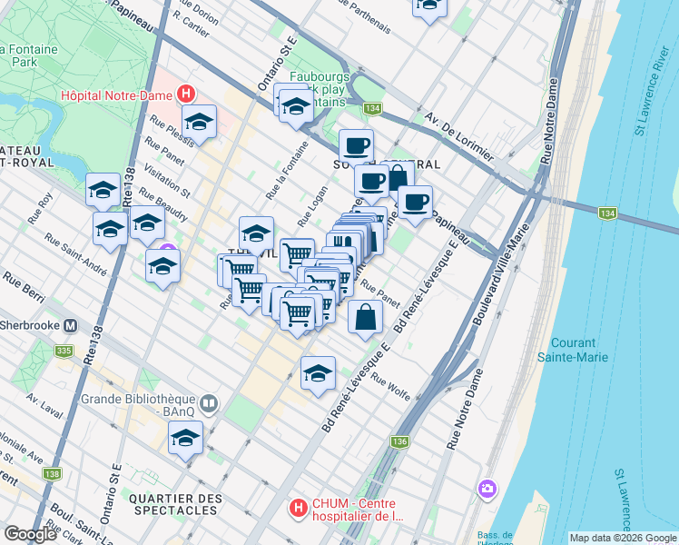 map of restaurants, bars, coffee shops, grocery stores, and more near 1430 Rue Panet in Montréal