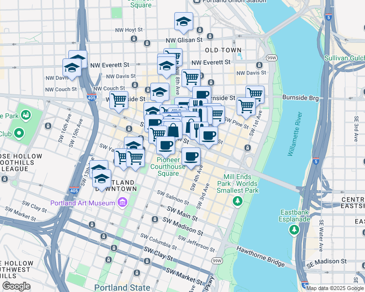 map of restaurants, bars, coffee shops, grocery stores, and more near 520 Southwest 6th Avenue in Portland