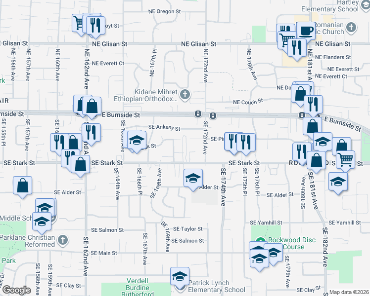 map of restaurants, bars, coffee shops, grocery stores, and more near 17007 Southeast Stark Street in Portland