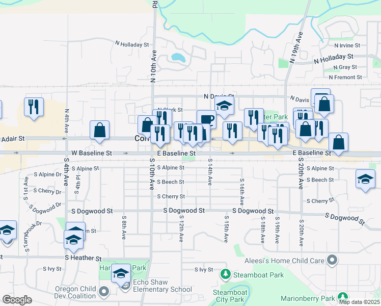 map of restaurants, bars, coffee shops, grocery stores, and more near 1248 East Baseline Street in Cornelius